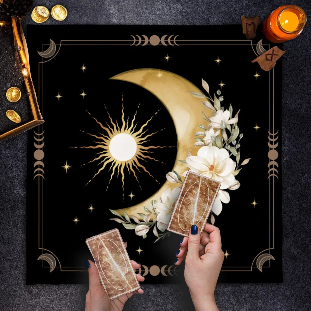 🌞🌙 Floral Tarot Tablecloth | Sun and Moon Altar Cloth – Ceremonial Cloth for Tarot Reading & Oracle Card Mat TLB (738)