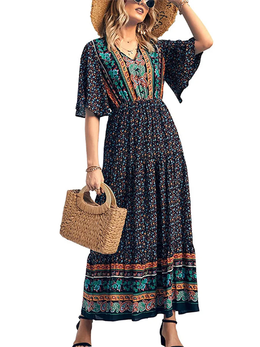 Boho Summer Dress for Women - Fashionable Short Sleeve V Neck Dress in Boho Print for Beach Outings black