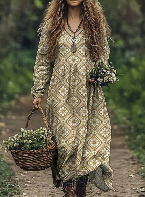 🛍️ Casual Women’s Vintage Printed Dress – V-Neck, Long Sleeves, Loose Large Swing Dress for Spring & Autumn