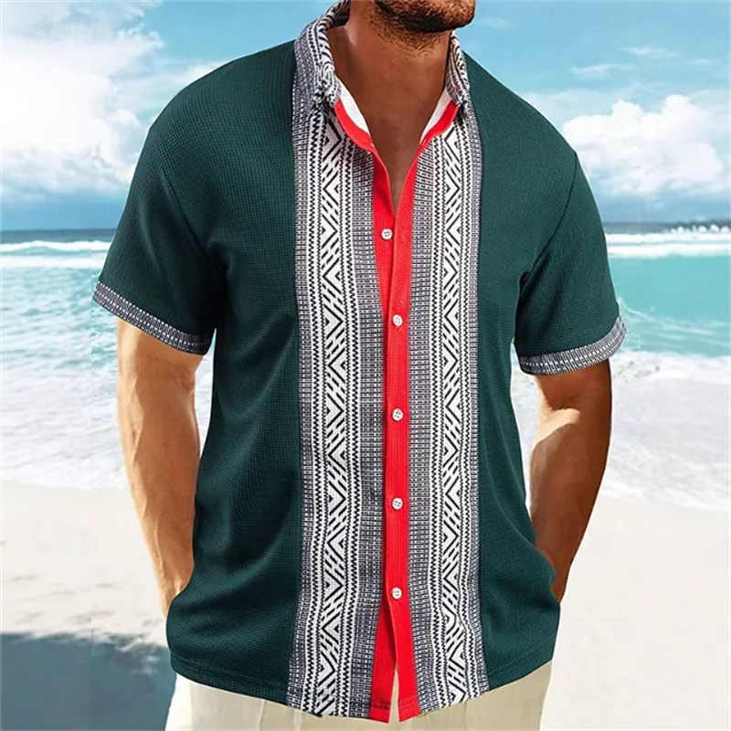 🌍 The Ethno-Block 3D Masterpiece: Premium Men’s Ethnic Color-Block Shirt – High-Definition Digital Print, Breathable Short-Sleeve Button-Down (Hemd Herren), and Sophisticated Resort Silhouette