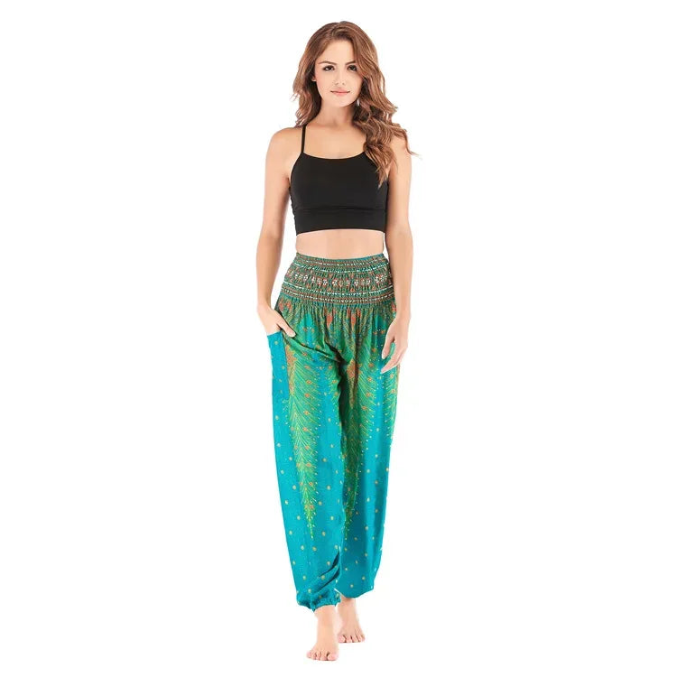 Women's Boho Yoga Pants - High Waist Floral Print Harem Leggings with Pockets for Comfort and Style