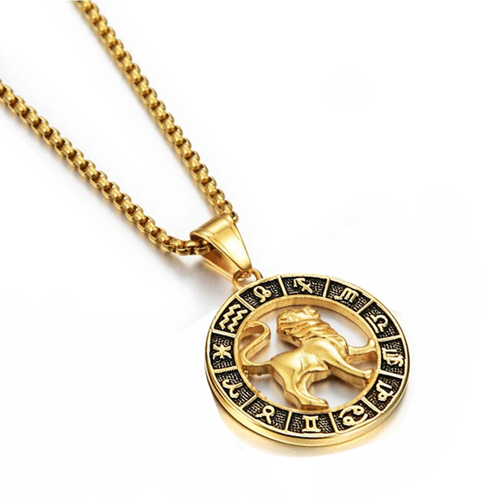 ♌♏ Zodiac Sign Leo Scorpio Pendant Necklace – Gold Color Stainless Steel Round 12 Constellation Design Unisex Astrology Jewelry Stylish Gift for Women and Men Leo Gold Color