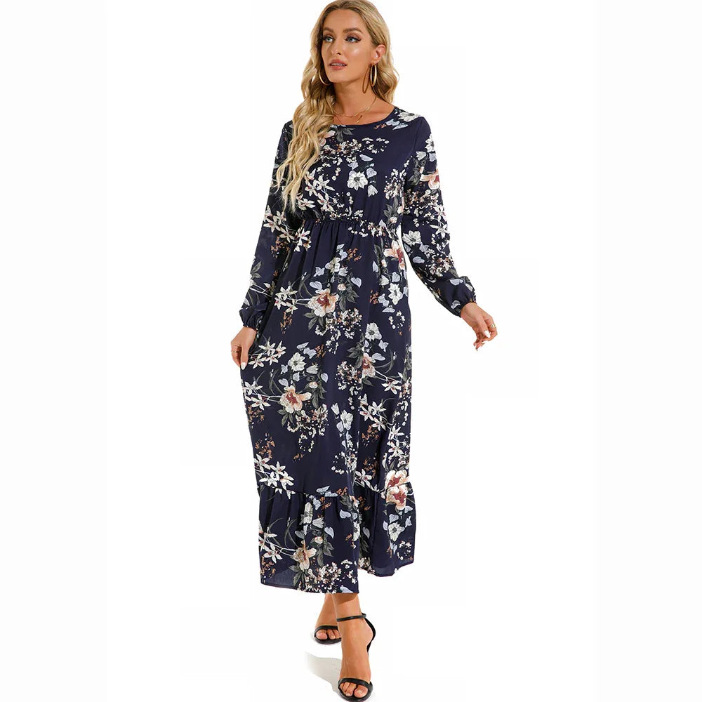 Women’s Bohemian Maxi Dress - Casual Chiffon Dress with Full Sleeves, High Waist, and Floral Print for Spring and Autumn