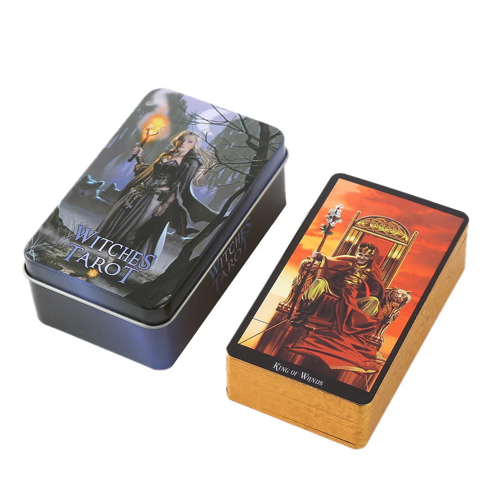 New Hot Tarot Cards – 78-Card Vintage Deck with Green-Plated Edges in Metal Tin Box (10×6 cm) & Paper Manual for Divination Board Games THTC06