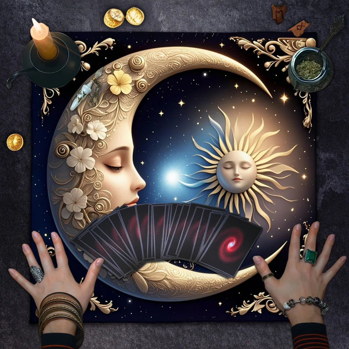 🌞🌙 Floral Tarot Tablecloth | Sun and Moon Altar Cloth – Ceremonial Cloth for Tarot Reading & Oracle Card Mat TLB (740)