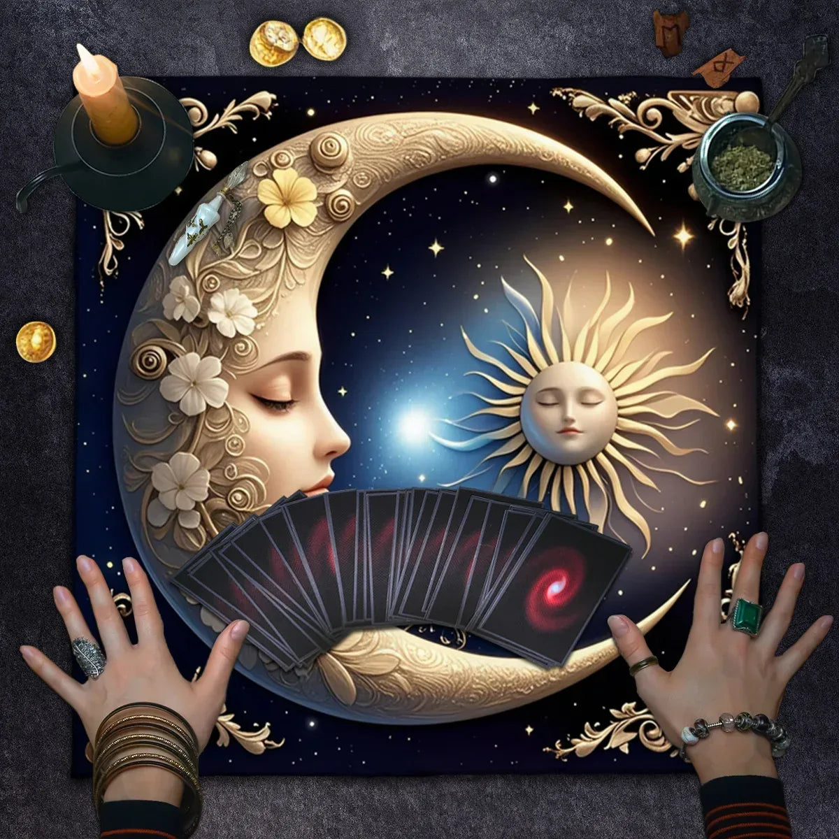 🌞🌙 Floral Tarot Tablecloth | Sun and Moon Altar Cloth – Ceremonial Cloth for Tarot Reading & Oracle Card Mat TLB (740)