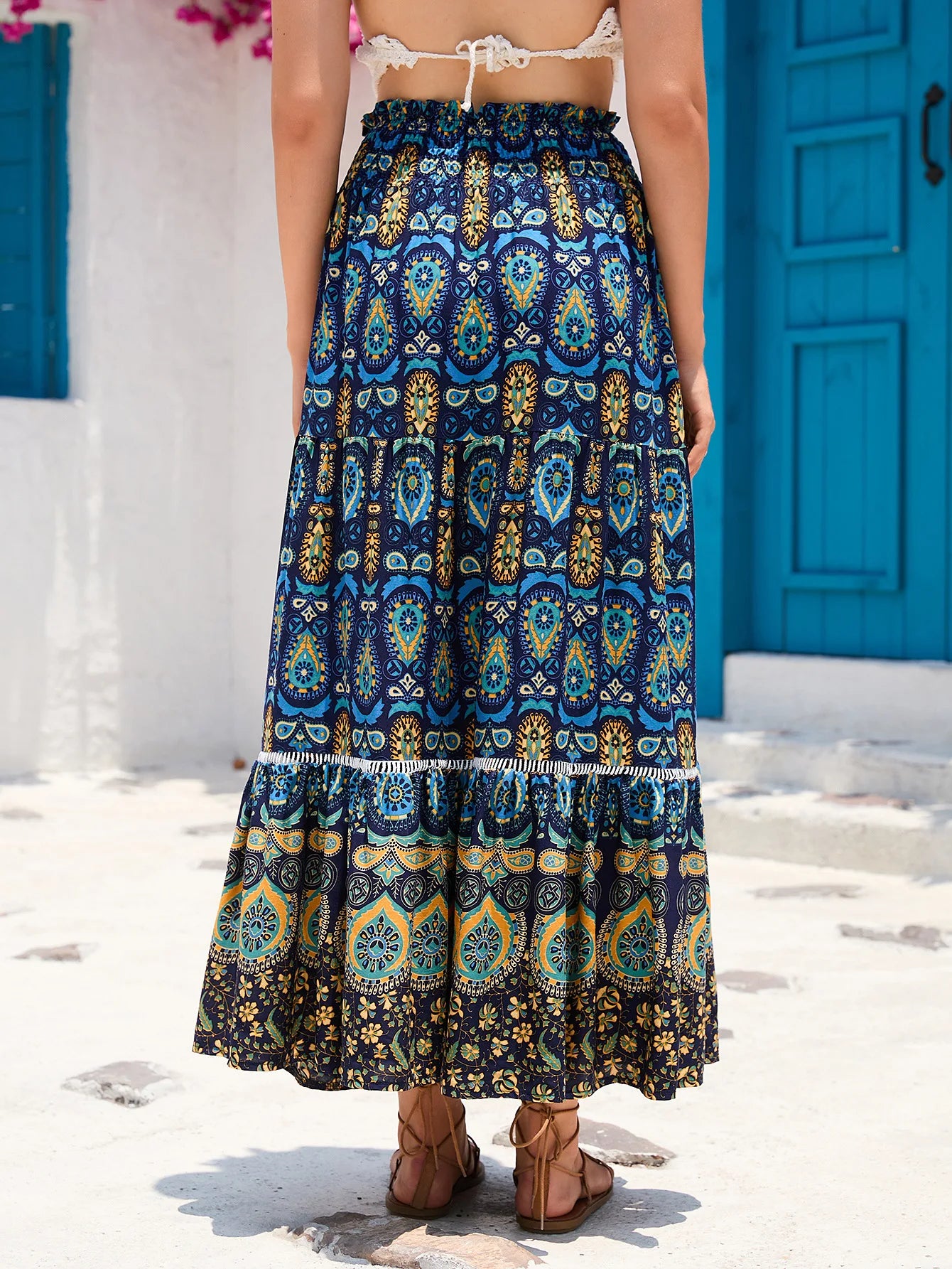 🛍️ Bohemian Printed Skirt – Ethnic Splicing A-Line Long Skirt for Women’s Holiday and Beach Travel