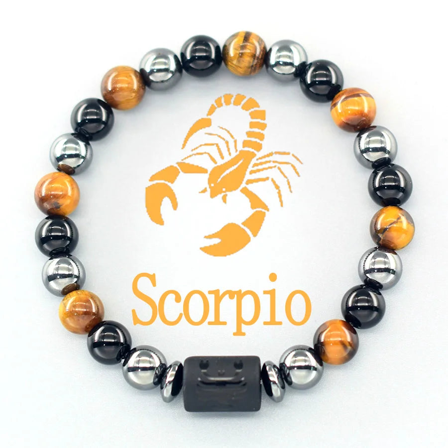✨ 12 Zodiac Sign Bracelet Homme – Natural Yellow Tiger Eye Stone & Hematite Constellation Bangle – Cancer, Taurus, Libra Astrology Bracelet for Women 9 Scorpio 8 mm Beads