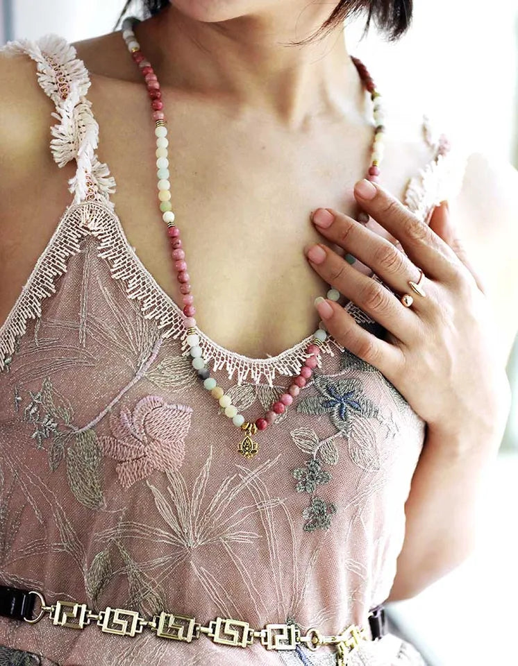 🕉️ 108 Bead "Soul Harmony" Mala Necklace: 6mm Natural Healing Stones with Lotus Charm – Elastic Yoga & Meditation Bracelet for Inner Peace