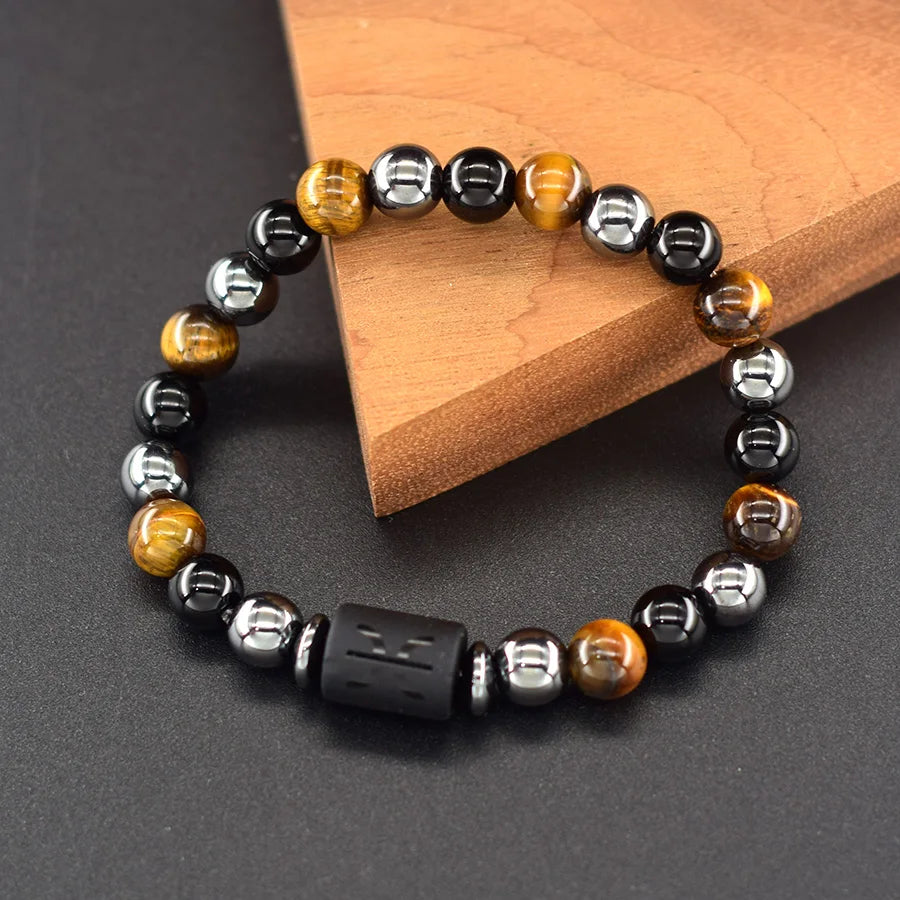 ✨ 12 Zodiac Sign Bracelet Homme – Natural Yellow Tiger Eye Stone & Hematite Constellation Bangle – Cancer, Taurus, Libra Astrology Bracelet for Women