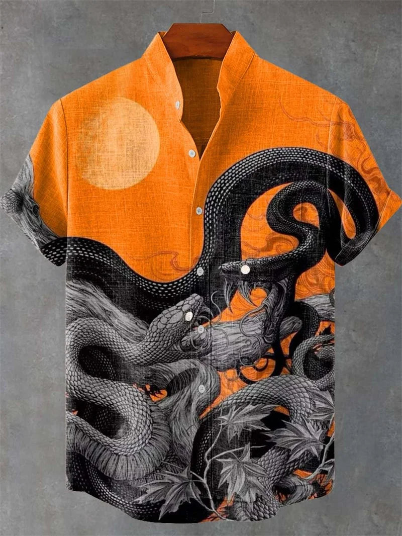 🐍 The Serpent & Solstice Art Edition: Premium Men’s Organic Linen Shirt – High-Definition Snake & Sacred Tree Illustration, Vintage Sun Graphic, Breathable Short-Sleeve Casual Button-Down FX8411