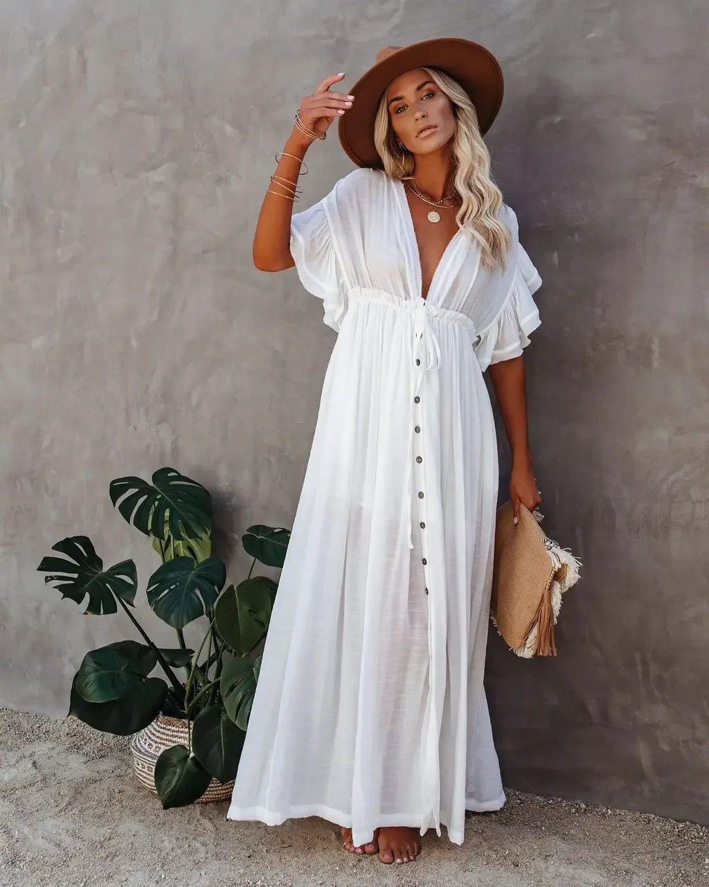 Summer Bikini Cover Ups for Women - V-Neck Kimono Beach Dresses with Lace-Up Detail and Sun Protection Features