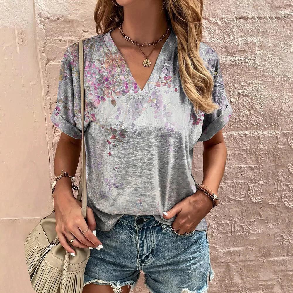 Retro Women’s Floral T-Shirt – Harajuku Style Short Sleeve V-Neck Casual Blouse S56VTX186
