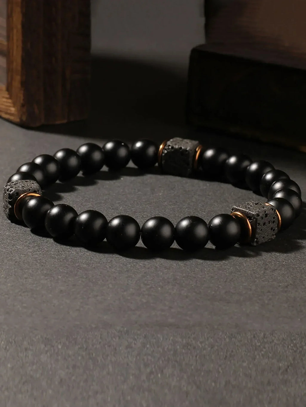 ✨ Creative Square Volcanic Stone and Round Men's Bracelet – Elegant Autumn Black Jewelry – Perfect Brother’s Christmas Gift & Daily Pulsera Hombre