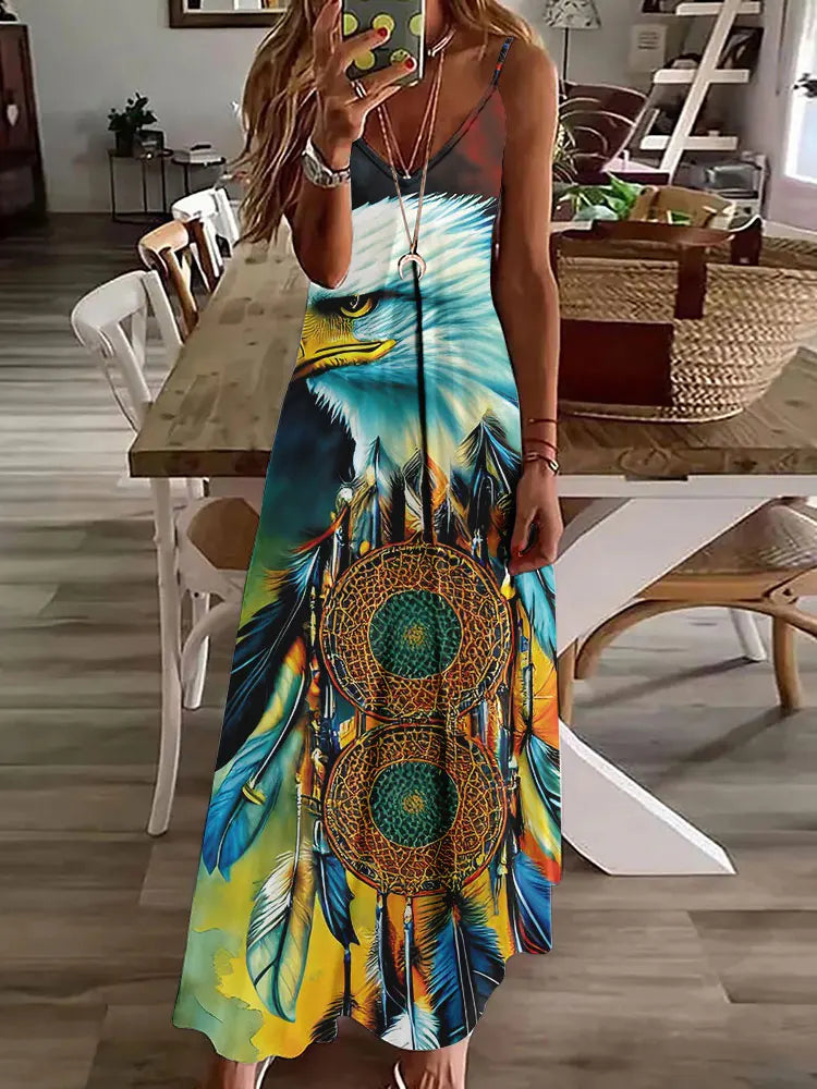 2024 New 3D Owl Vintage Print Dress for Women – Sleeveless Long Tribal Pattern Spaghetti Strap Summer Vest Dress BDQLTH248745510