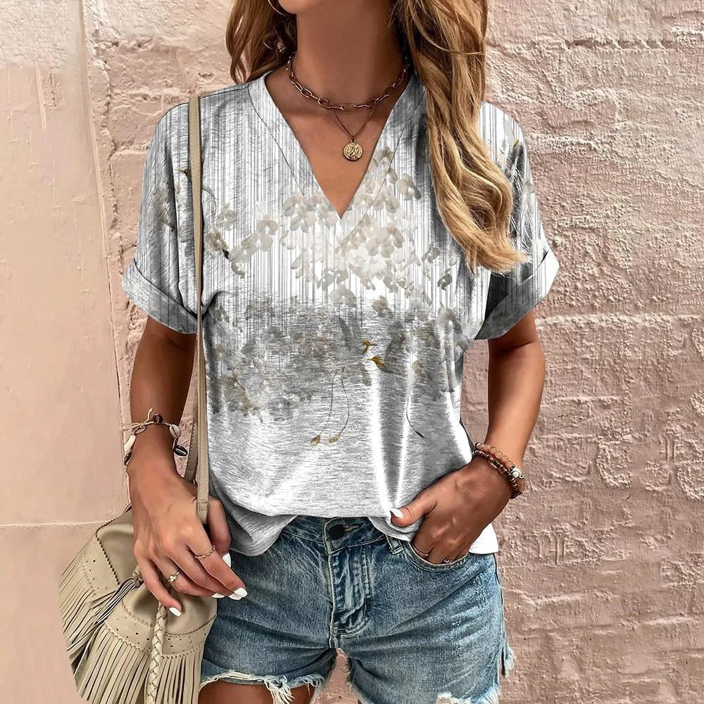 👚 Retro Women’s T-Shirt – Floral Print, Short Sleeve, V-Neck Harajuku Style Casual Blouse