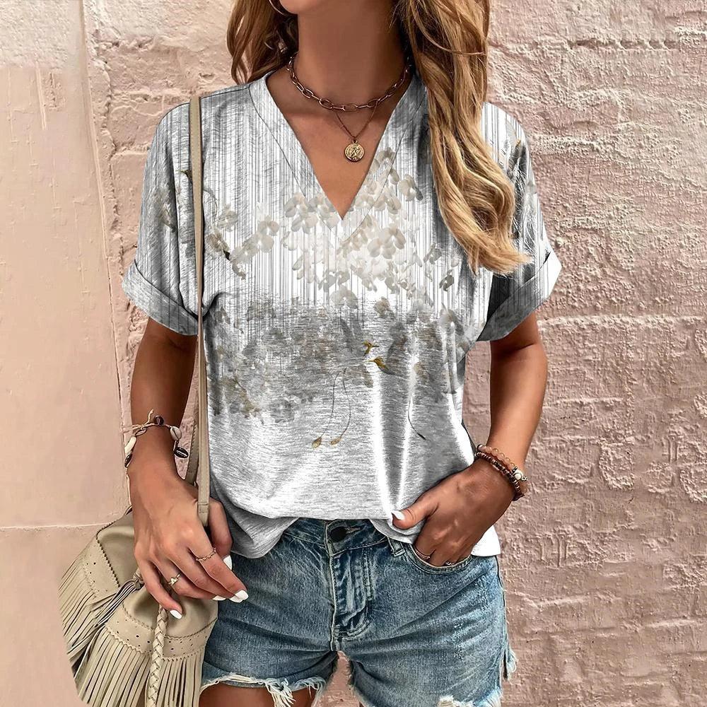 Retro Women’s Floral T-Shirt – Harajuku Style Short Sleeve V-Neck Casual Blouse S56VTX196