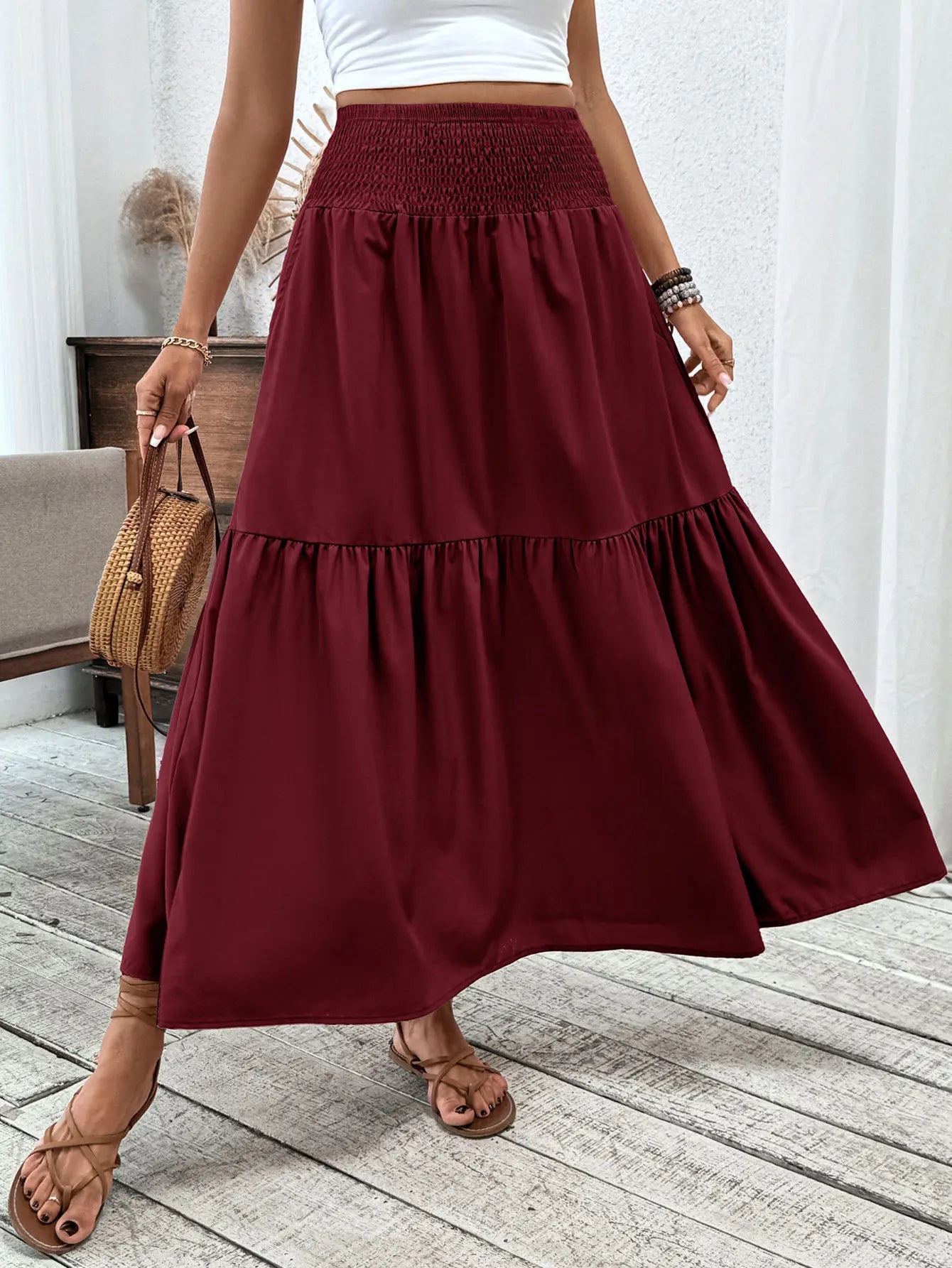 Women Floral Pleated Skirt – Retro High Waist Long Skirt for Stylish Casual Beach Wear Burgundy
