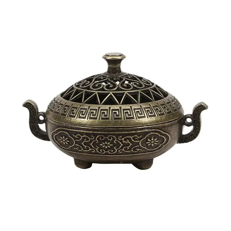 Antique Chinese Hollow Incense Burner – Miniature Decorative Holder with Cover for Sandalwood and Spiritual Aromatherapy
