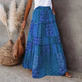 👗 Women’s Bohemian Print Long Skirts – Elastic High Waist, Loose Tiered A-line Skirt with Pockets Blue