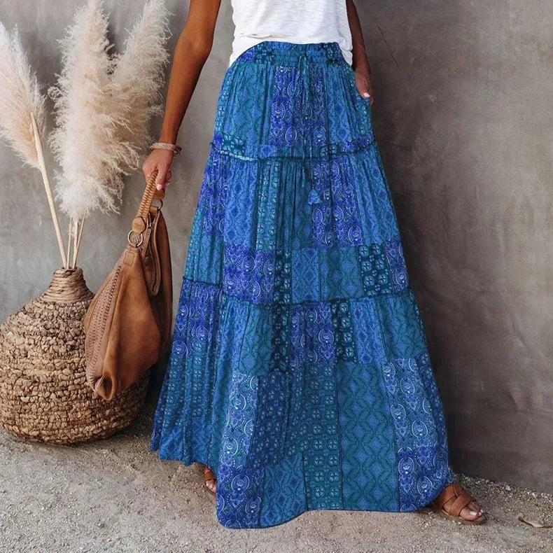 👗 Women’s Bohemian Print Long Skirts – Elastic High Waist, Loose Tiered A-line Skirt with Pockets Blue