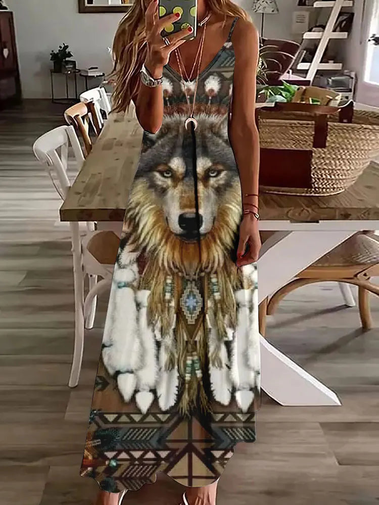 2024 New 3D Owl Vintage Print Dress for Women – Sleeveless Long Tribal Pattern Spaghetti Strap Summer Vest Dress BDQLTH248745514
