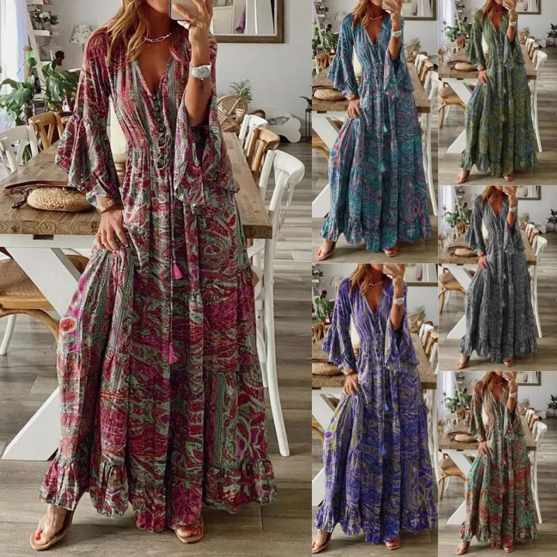 Bohemian Floral Dress – Retro Printed V-neck, High Waist, Bell Sleeve Design for Spring & Autumn