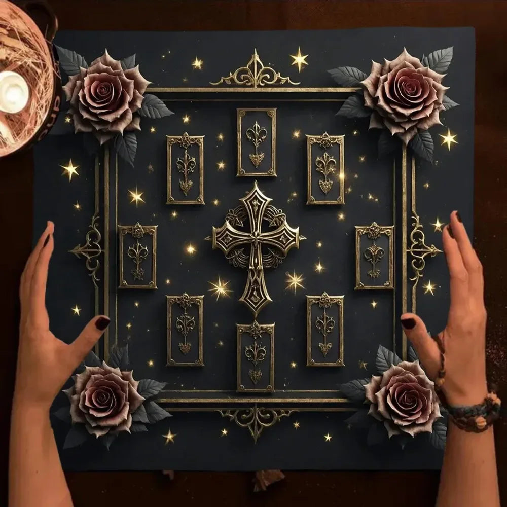 🔮Golden Celtic Cross Tarot Tablecloth – Elegant Polyester Altar Cloth Featuring Iconic Celtic Cross, Moon, Stars, and Floral Motifs