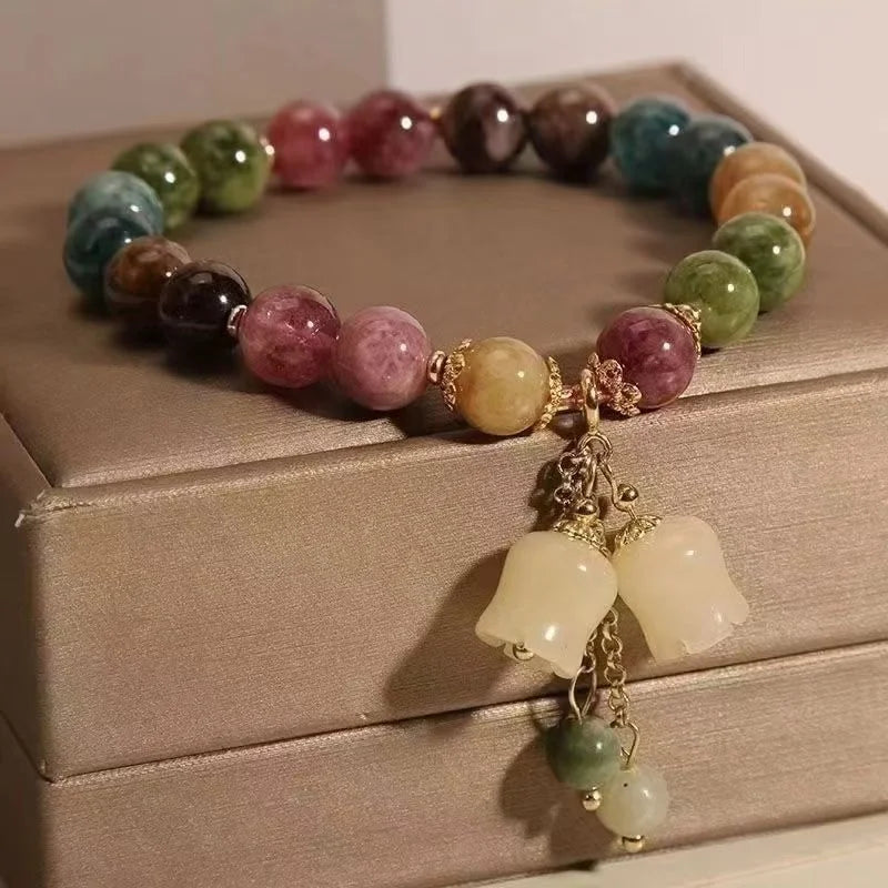✨ Tourmaline Crystal Bracelet – Light Luxury Orchid Pendant Beaded Jewelry for Women and Men – Perfect Gift for Elegance and Healing