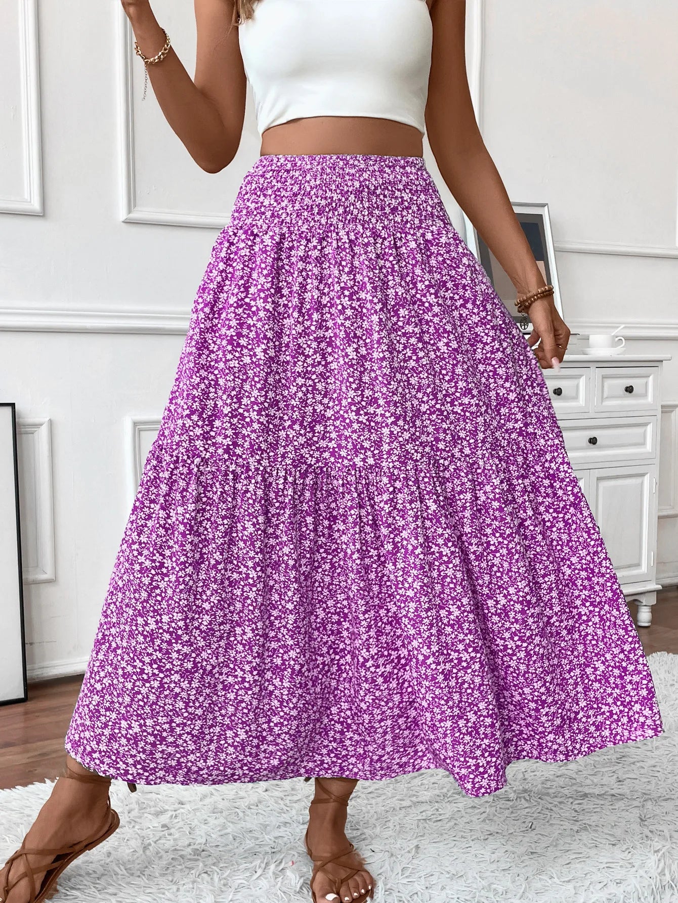 Women Floral Pleated Skirt – Retro High Waist Long Skirt for Stylish Casual Beach Wear PURPLE