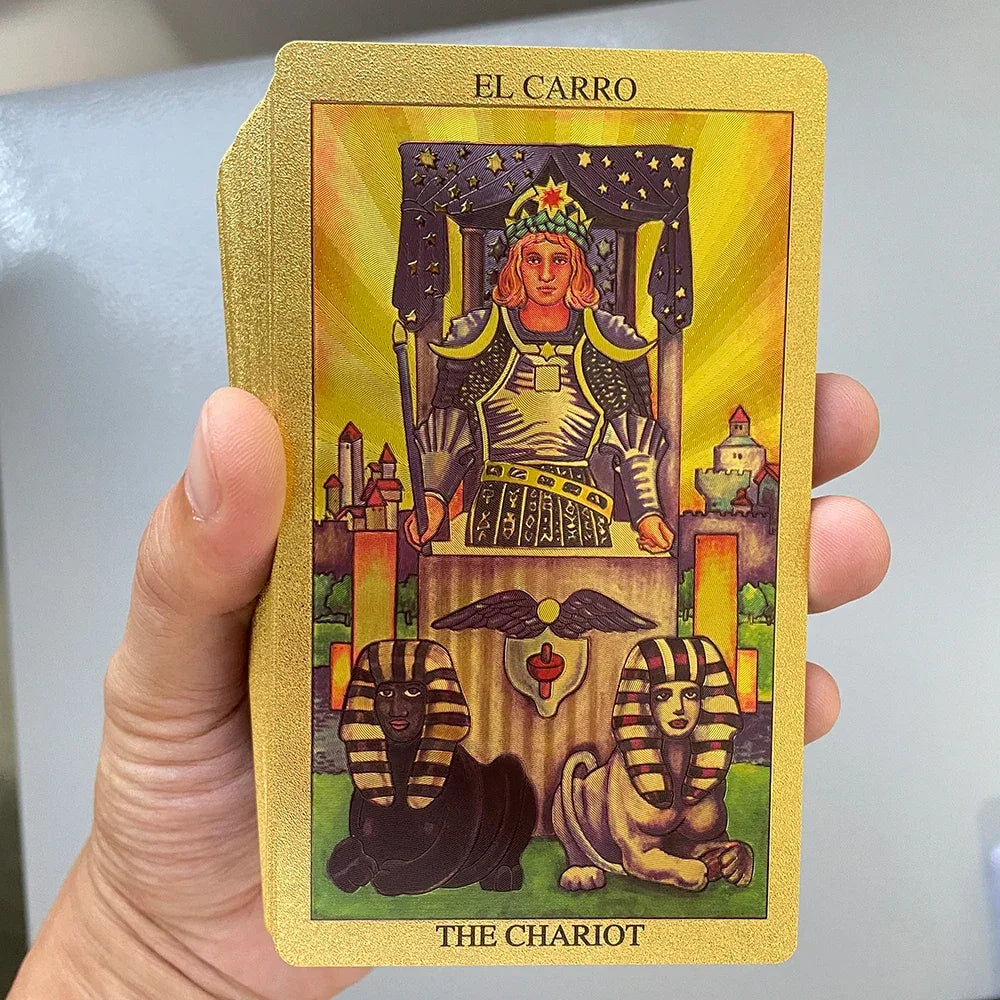 ✨ Spanish and English Golden Foil Tarot Deck – 78 Prophecy Cards | Bilingual Guidebook | 12 x 7 cm | Toro Taro