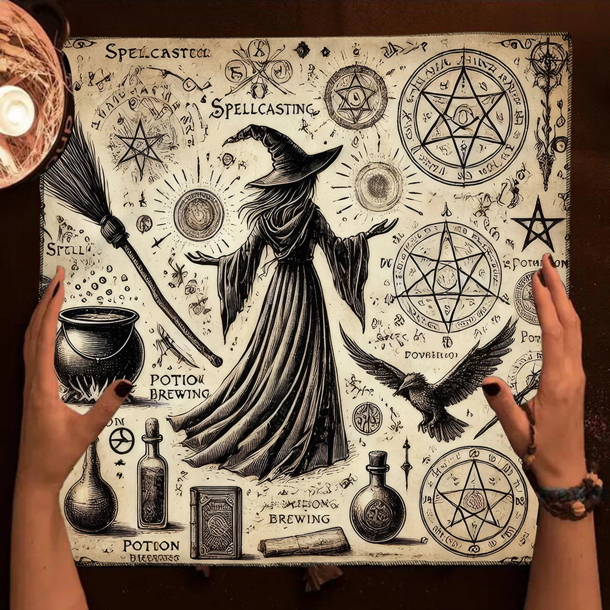 🃏 Witch Autumn Black Cat Tarot Tablecloth – Pentagram Altar Cloth for Divination, Halloween & Witchy Celebration Decor TLB (869)