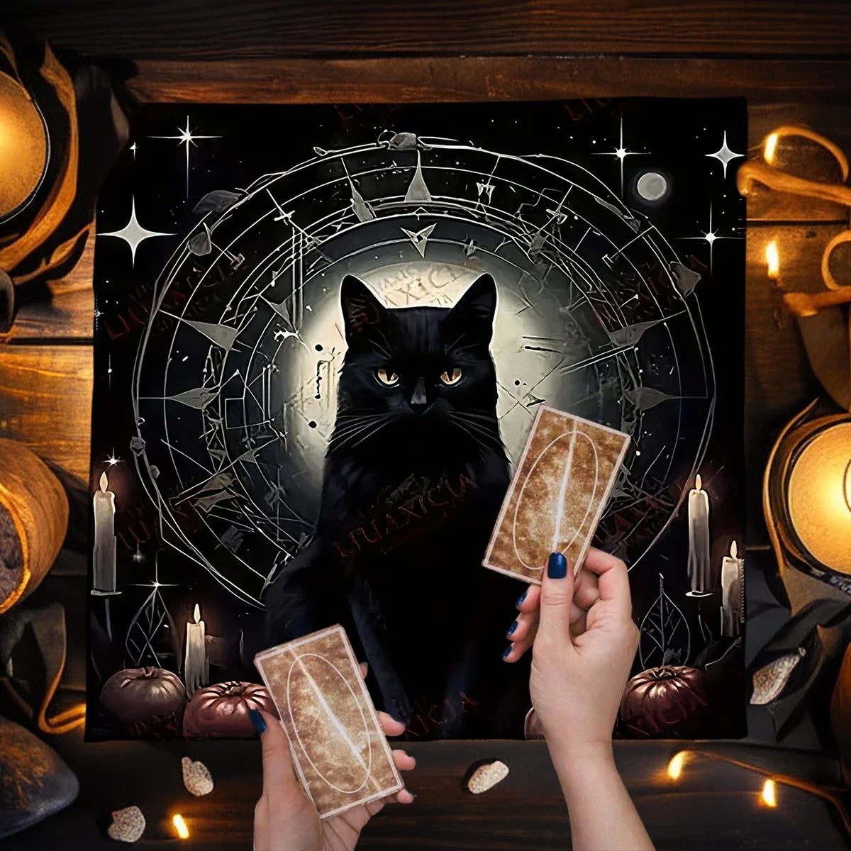 🌑Altar Table Cloth | Witchcraft Black Cat & Star Design | Tarot & Astrology Oracle Cards Pad | Home & Room Decor