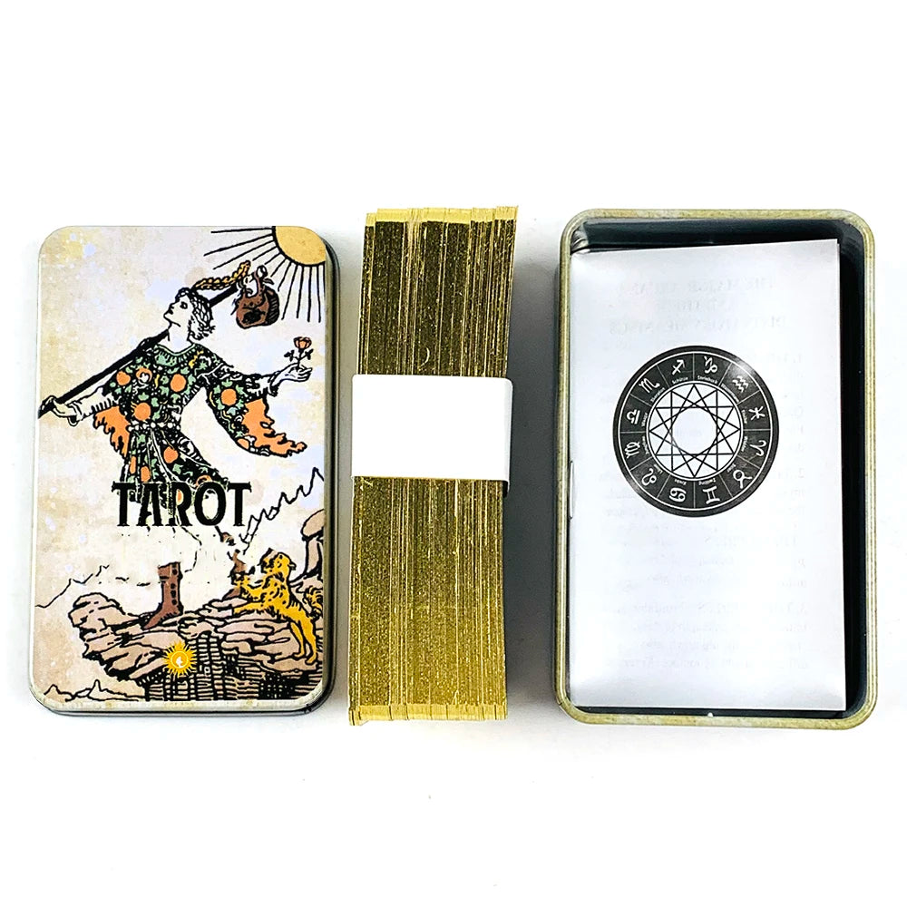 ✨ Metal Box Gilded Tarot Cards Deck – 78 Cards | Elegant Divination & Family Board Game | English Version with Paper Guidebook