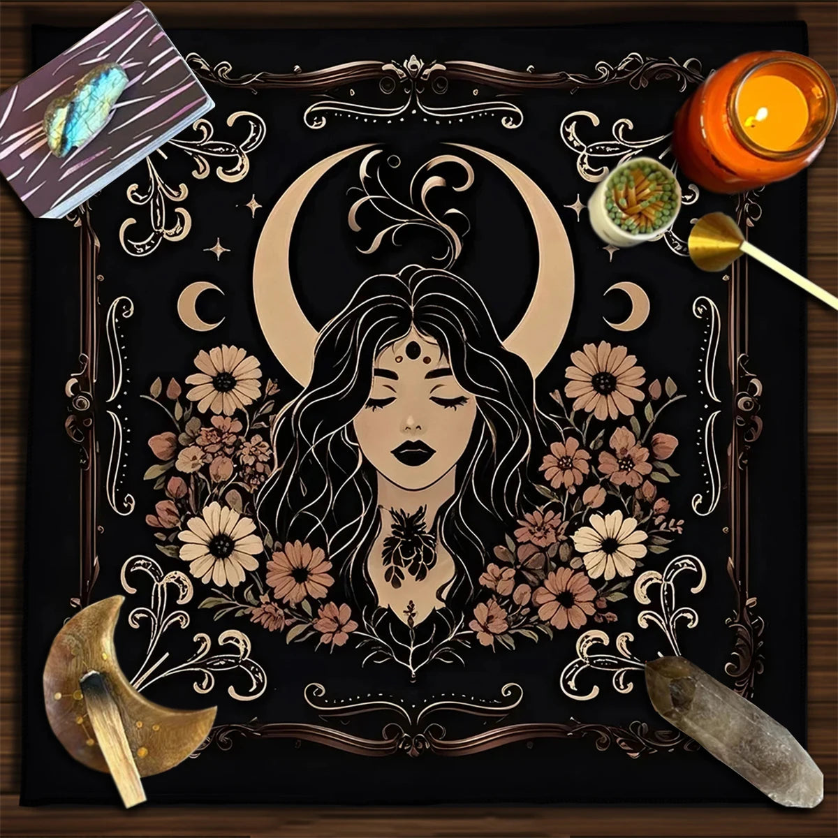 🃏 Witch Autumn Black Cat Tarot Tablecloth – Pentagram Altar Cloth for Divination, Halloween & Witchy Celebration Decor TLB (834)
