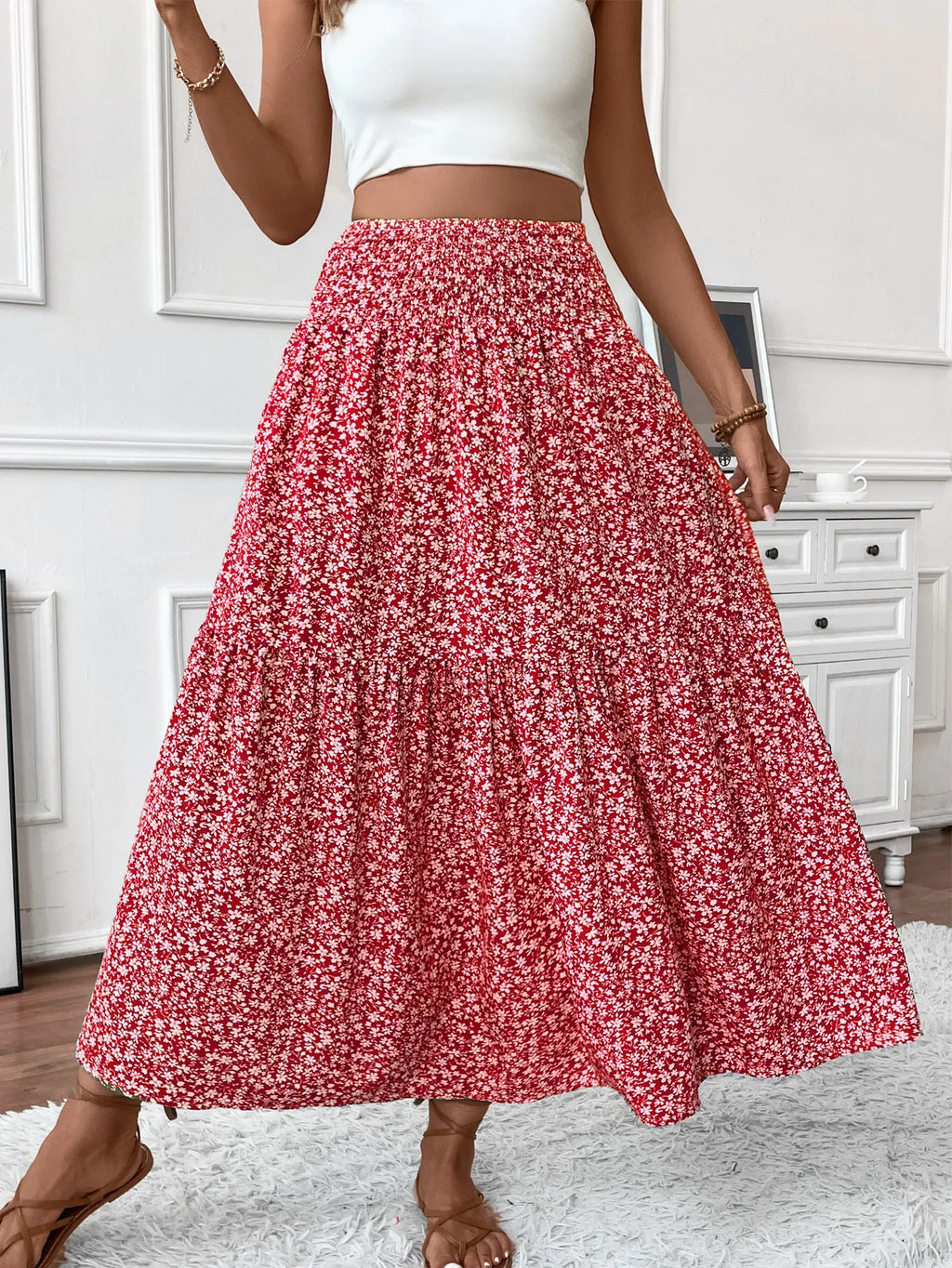 🌟 Women New Classic Printed Skirt Retro High Waist Long Skirt Casual Stylish Loose Beach Skirt Elegant Ladies Floral Pleated Skirt﻿