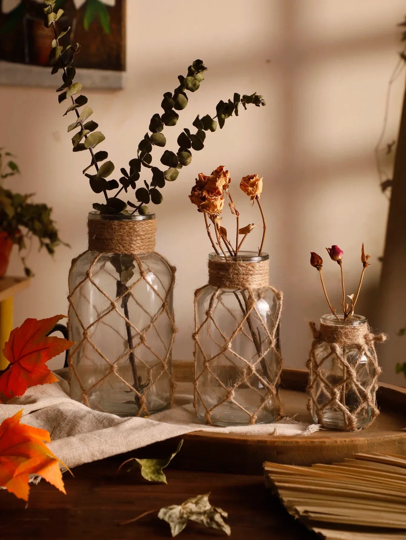 🌿Rustic Hanging Glass Vase with Hemp Rope Net – Handmade Transparent Glass Holder for Dried Flowers and Boho Home Décor