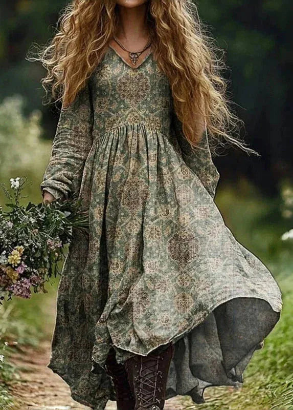 🛍️ Casual Women’s Vintage Printed Dress – V-Neck, Long Sleeves, Loose Large Swing Dress for Spring & Autumn