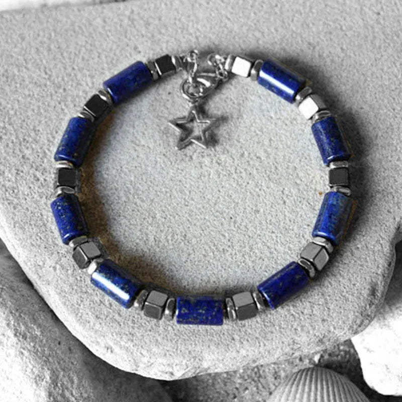 ✨ Lapis Lazuli & Pyrite Hematite Blue Bead Bracelet – Elegant Natural Stone Jewelry for Balance & Prosperity silver---A1