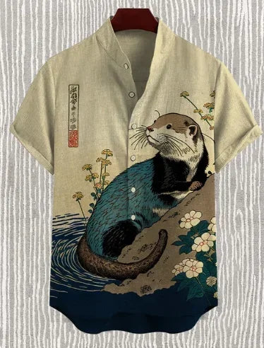 The Bamboo-Zen Anime Edition Premium Unisex Bamboo-Linen V-Neck Shirt - High-Definition Anime Feline Character Print Ultra-Breathable Eco-Fiber Blend Spring Summer Casual Button-Down Apparel Yellow
