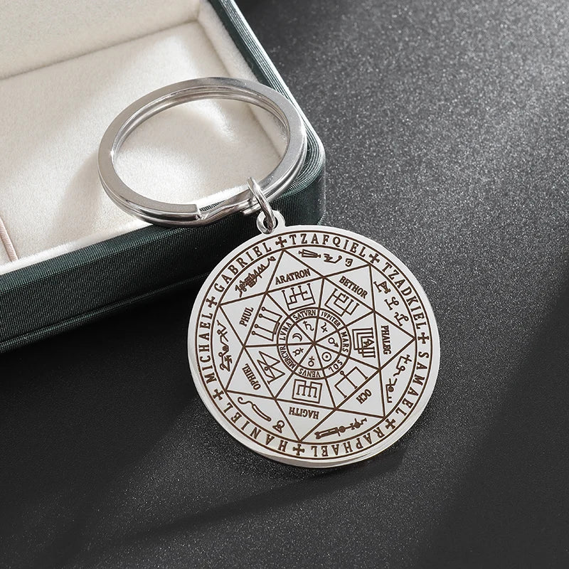✨ Stainless Steel Seal of The Seven Archangels Pendant Keychain – Solomon Kabbalah Protection Amulet | Durable Car Keyring Spiritual Jewelry S
