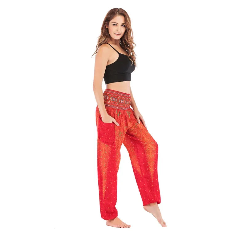Women's Boho Yoga Pants - High Waist Floral Print Harem Leggings with Pockets for Comfort and Style