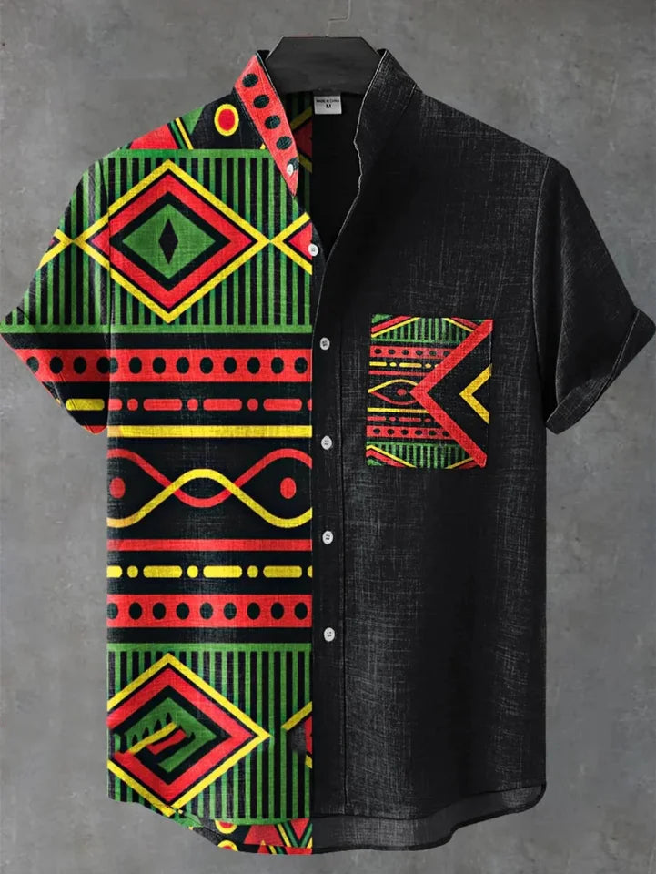 🌿 The Ethno-Luxe Heritage Linen Shirt: Premium Men's Casual Short-Sleeve Top – High-Definition Ethnic Artistic Print, Breathable Organic Cotton-Linen Fabric, and Sophisticated Button-Down Tailoring