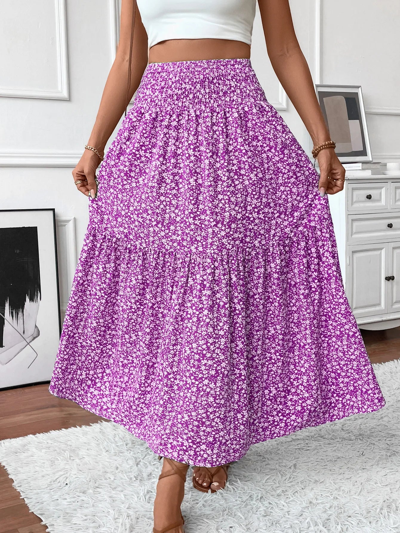 🌟 Women New Classic Printed Skirt Retro High Waist Long Skirt Casual Stylish Loose Beach Skirt Elegant Ladies Floral Pleated Skirt﻿