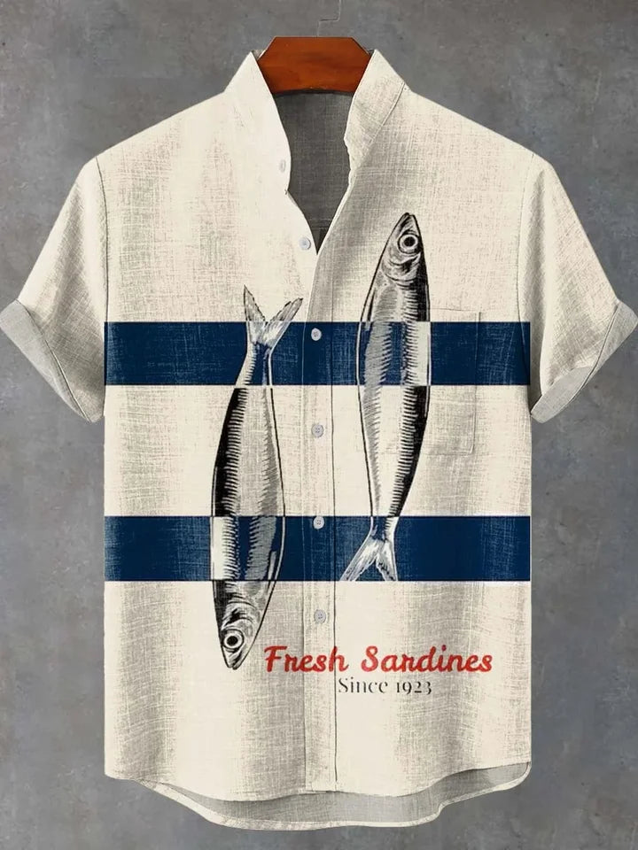 🐟 The Retro-Angler Mandarin Edition: Premium Men’s Stand-Up Collar Linen Shirt – High-Definition 3D Fish Pattern, Breathable Organic Cotton-Linen Blend, and Sophisticated Vintage Casual Silhouette