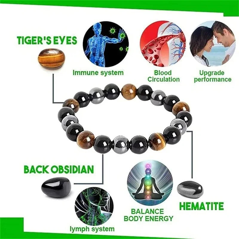✨ Tiger Eye Natural Stone Bead Bracelet for Men & Women – Magnetic Hematite & Black Obsidian with Reiki Energy