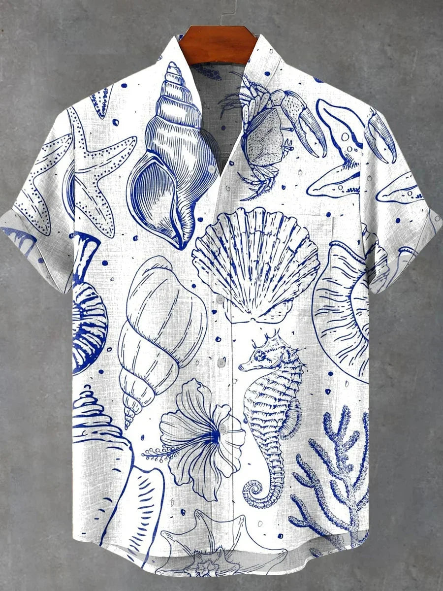 🐟 The Retro-Angler Mandarin Edition: Premium Men’s Stand-Up Collar Linen Shirt – High-Definition 3D Fish Pattern, Breathable Organic Cotton-Linen Blend, and Sophisticated Vintage Casual Silhouette ZD359