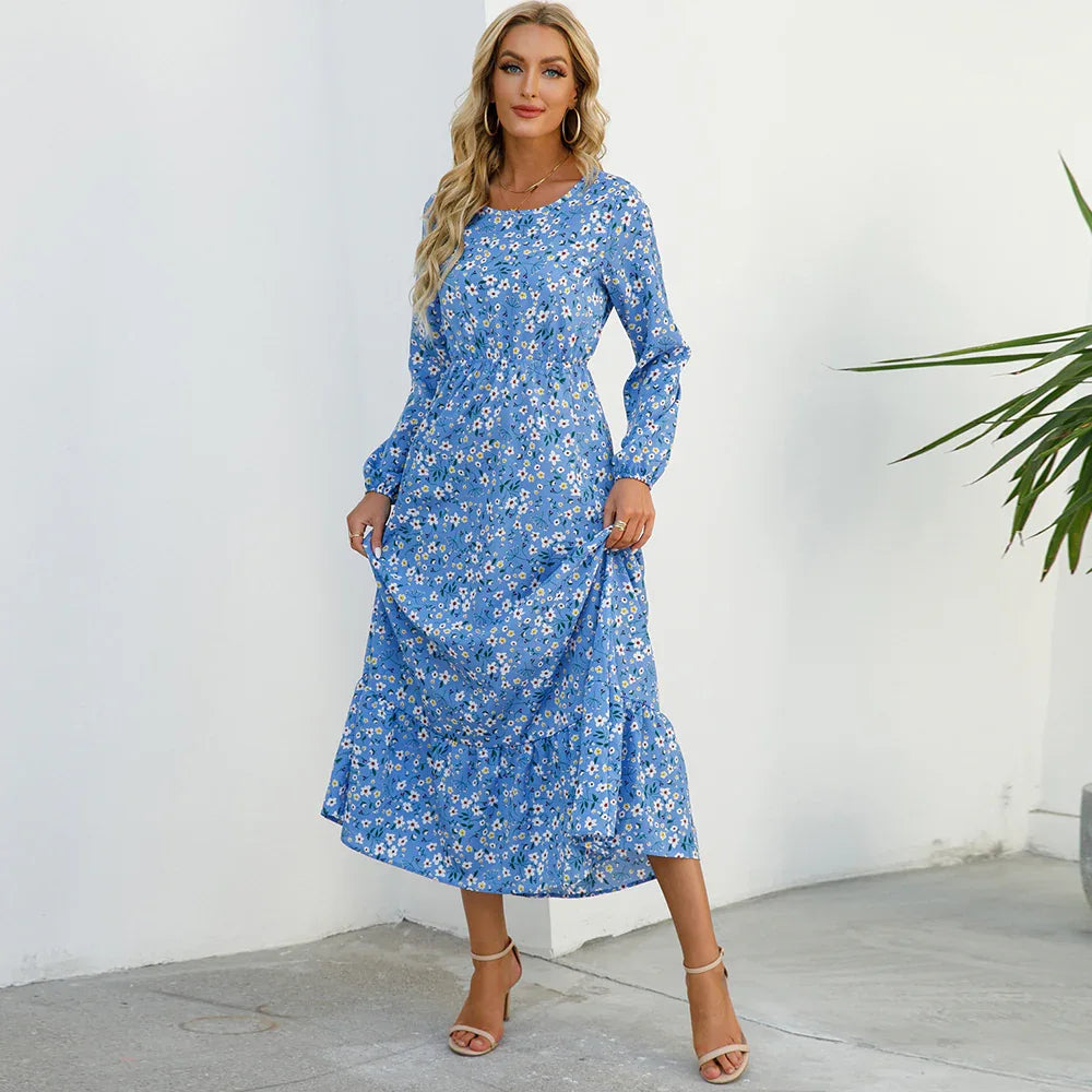 Women’s Bohemian Maxi Dress - Casual Chiffon Dress with Full Sleeves, High Waist, and Floral Print for Spring and Autumn