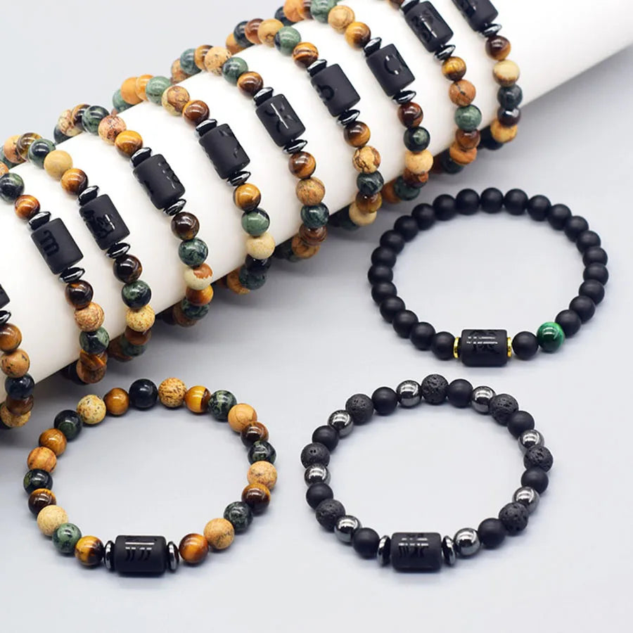 ✨ 12 Zodiac Sign Bracelet Homme – Natural Yellow Tiger Eye Stone & Hematite Constellation Bangle – Cancer, Taurus, Libra Astrology Bracelet for Women