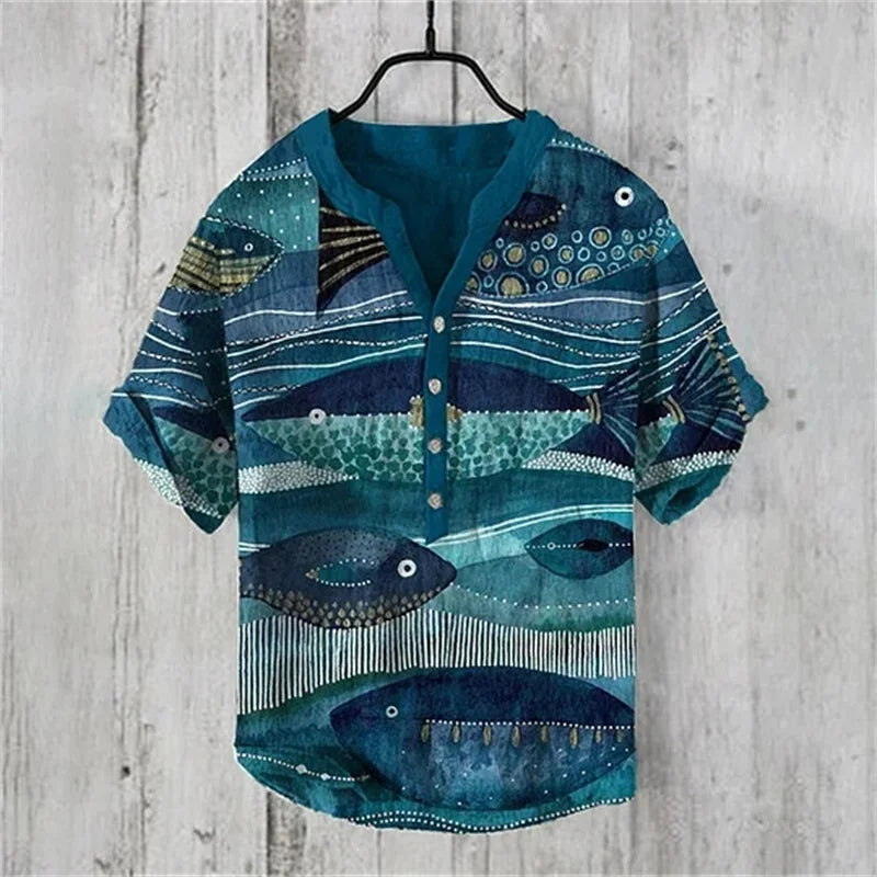 🌊 The Kanagawa Gallery Edition: Premium Men’s Summer V-Neck – High-Definition "The Great Wave off Kanagawa" Graphic Print, Breathable Linen-Blend Performance Fabric, and Sophisticated Modern-Fit Designer Tee HTY407